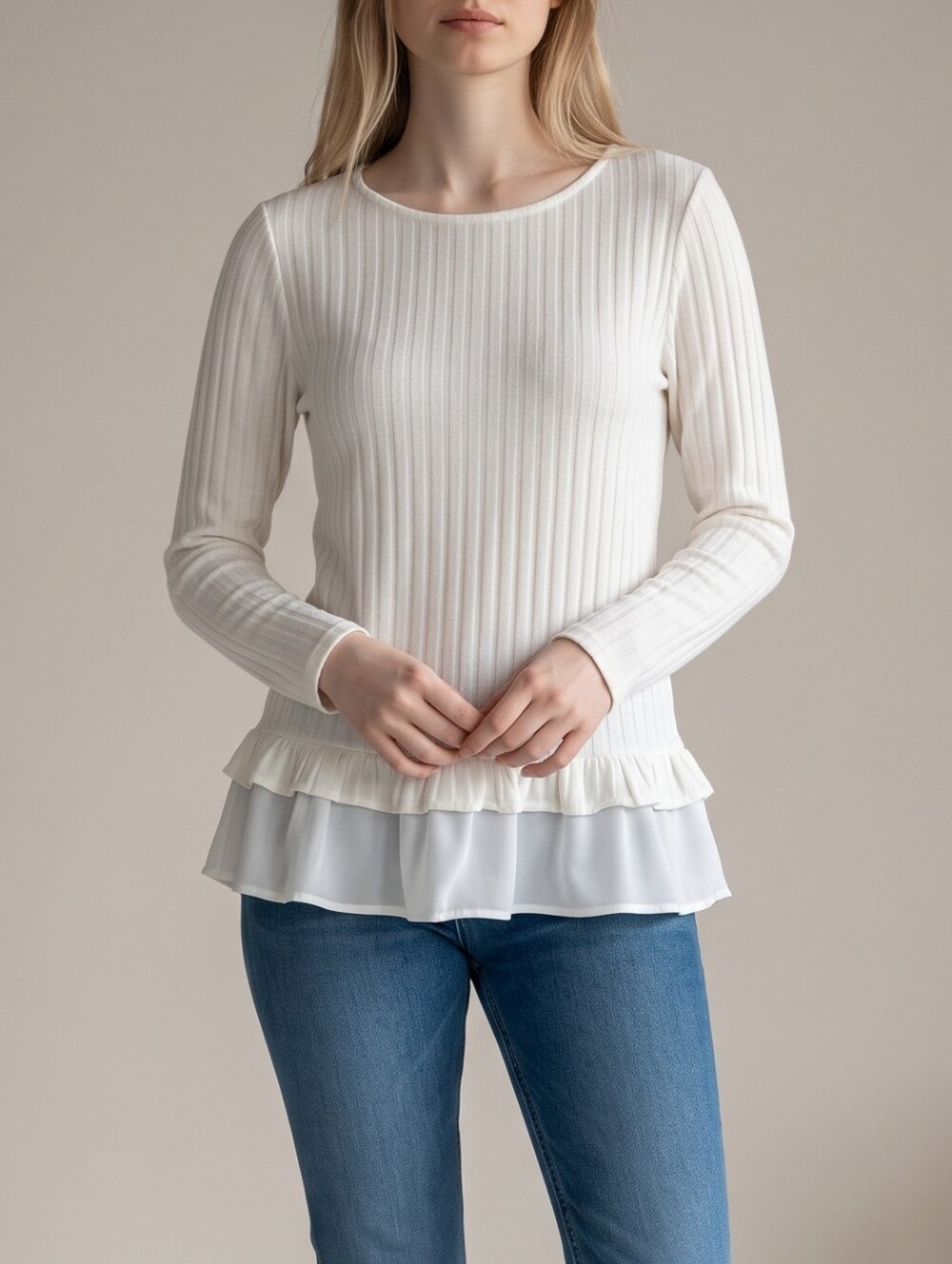 Ivanka Trump Breezy Ivory Ribbed Ruffle Appliqué Top